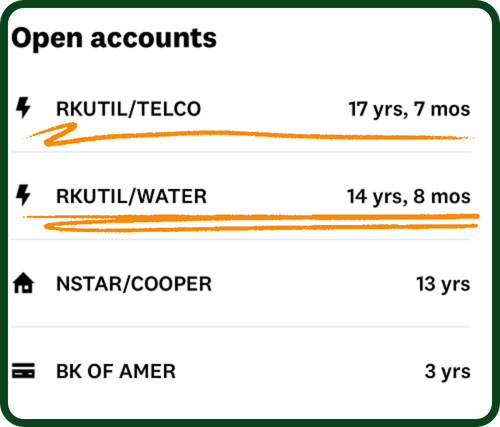 A TransUnion report listing RKUTIL/TELCO at 17 years, 7 months and RKUTIL/WATER at 14 years, 8 months among the open accounts